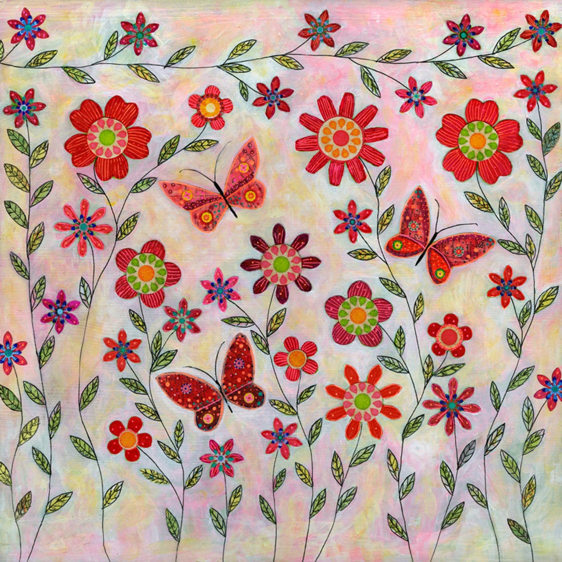 Red Butterflies And Flowers Art Print Mixed Media Large Art Print Home Decor