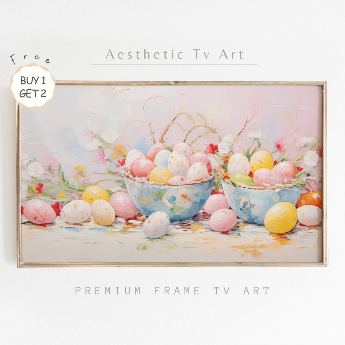 Easter Frame Tv Art Colorful Easter Eggs Oil Painting Pink Easter Farmhouse Decor Tv Frame