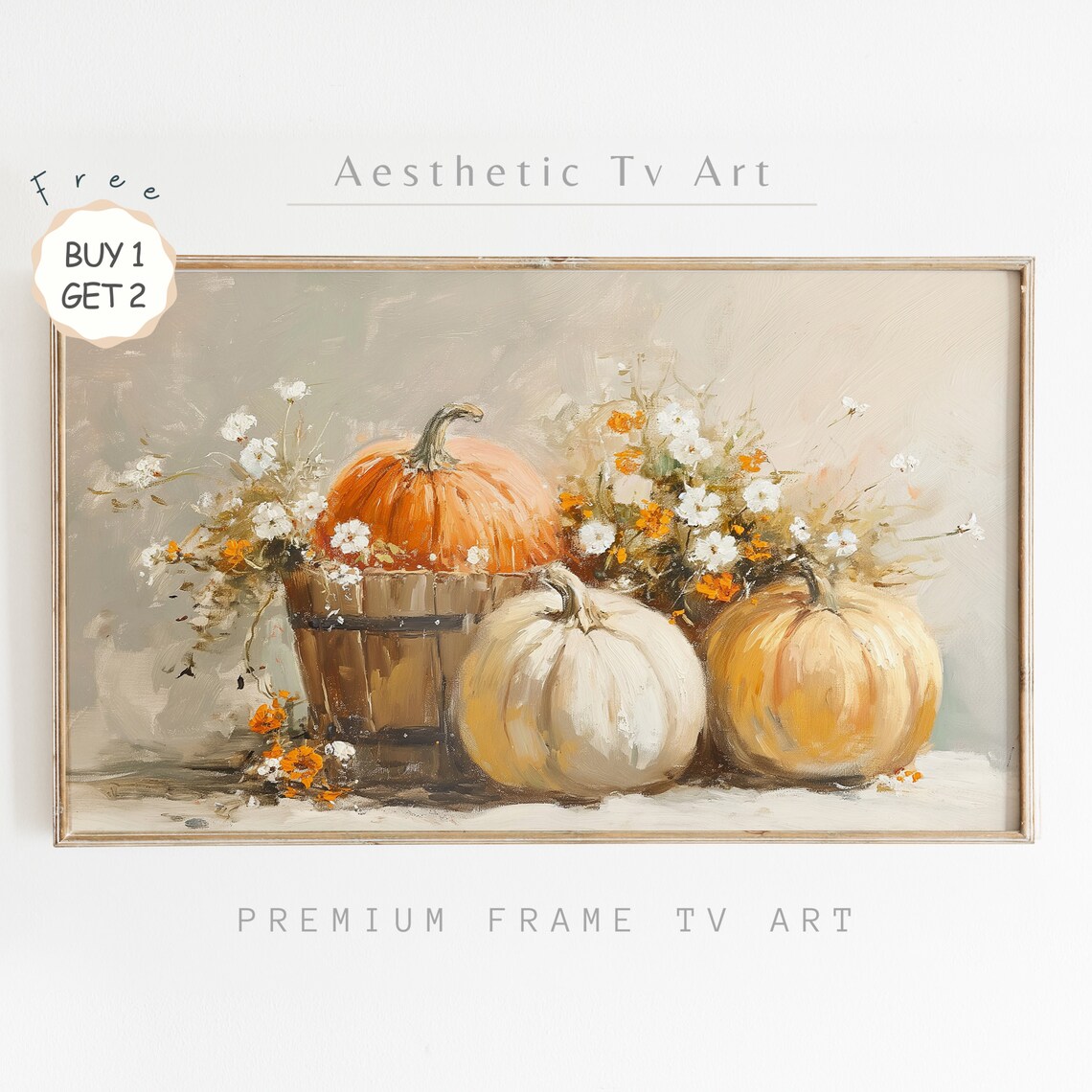 Neutral Fall Pumpkins Wildflowers Still Life Warm Beige Harvest Wall Art