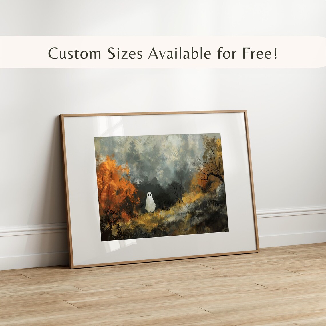 Cute Ghost In Golden Autumn Forest With Misty Fall Foliage Art Poster - Image 3