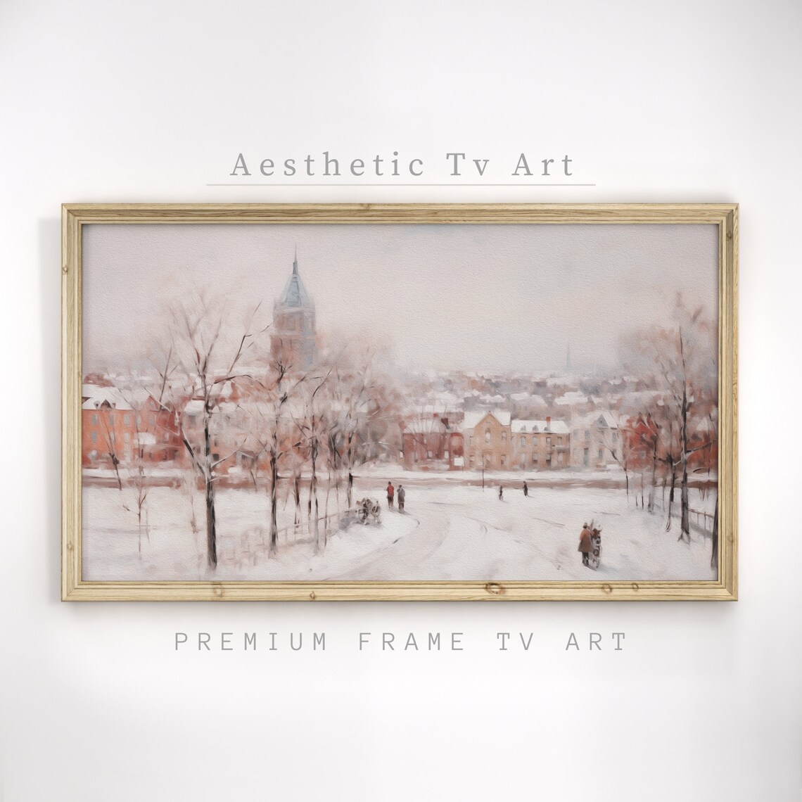 Snowy City Park Church Spire Winter Town Vintage Painting Wall Art - Image 3