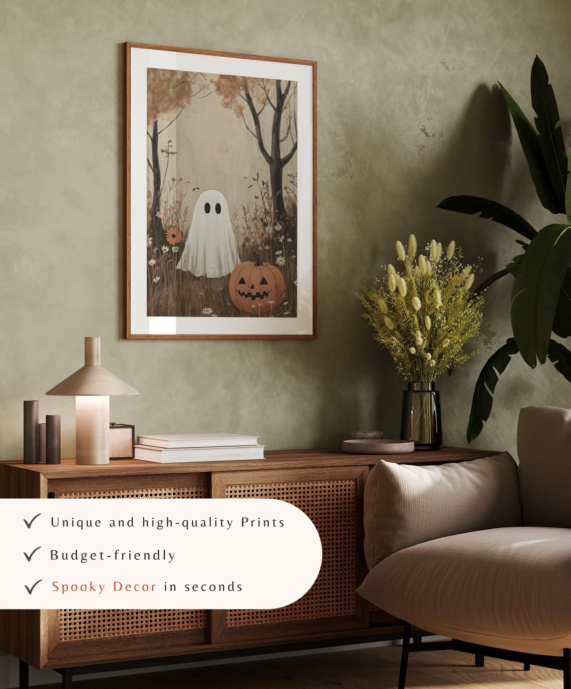 Cute Ghost With Jack O Lantern In Autumn Wildflower Field Art Poster - Image 4