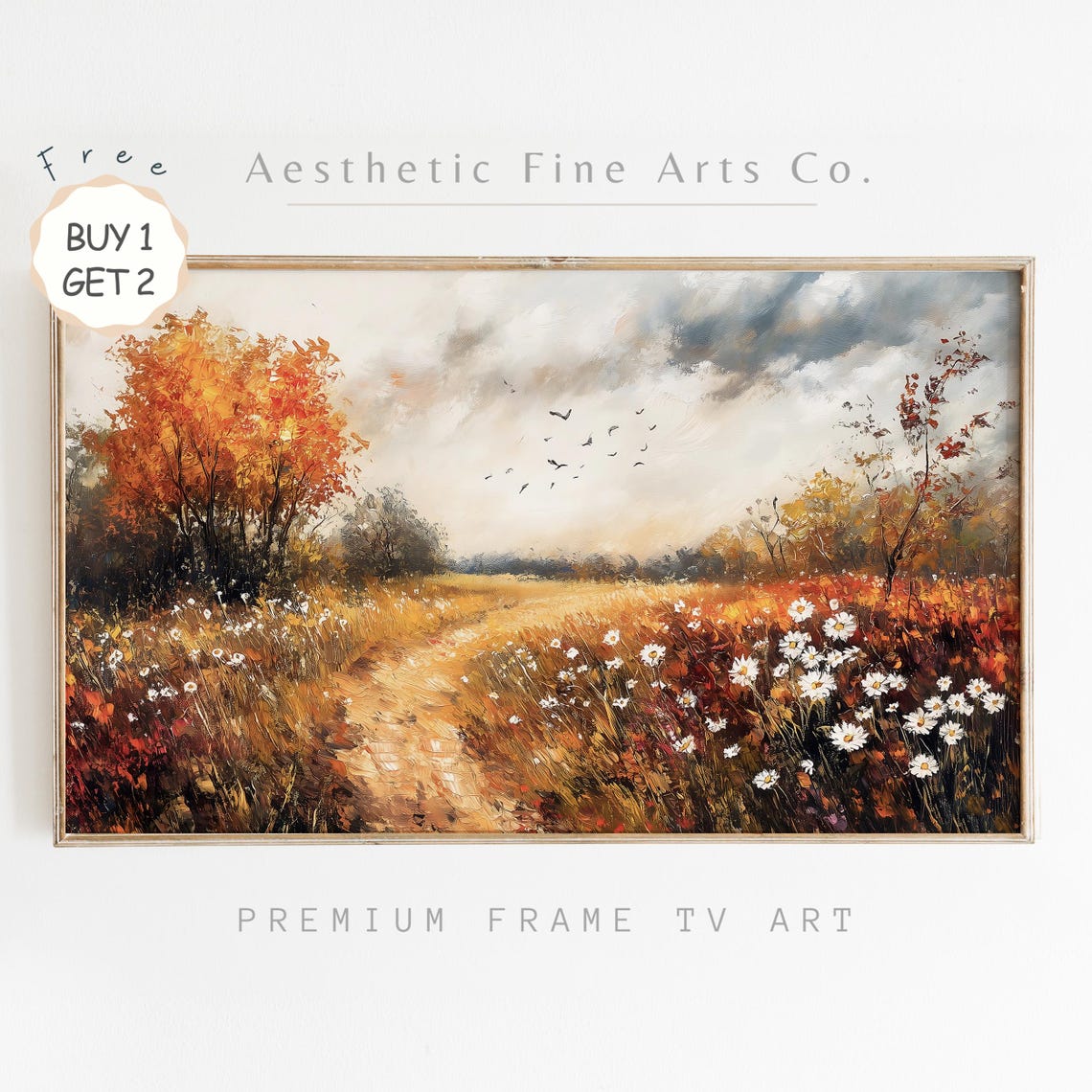 Golden Autumn Path Through Wildflower Field With Orange Trees Poster