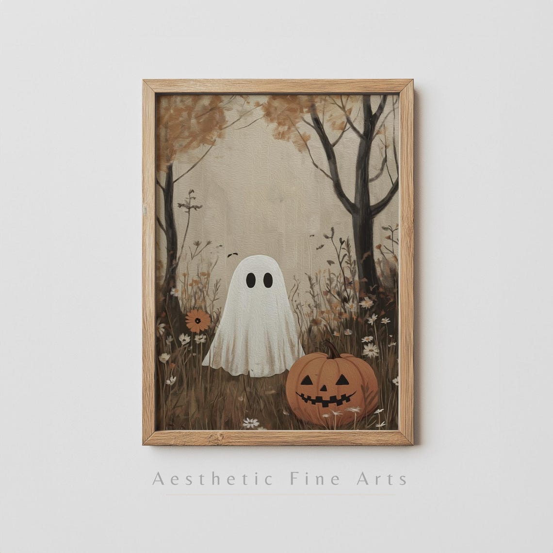 Cute Ghost With Jack O Lantern In Autumn Wildflower Field Art Poster