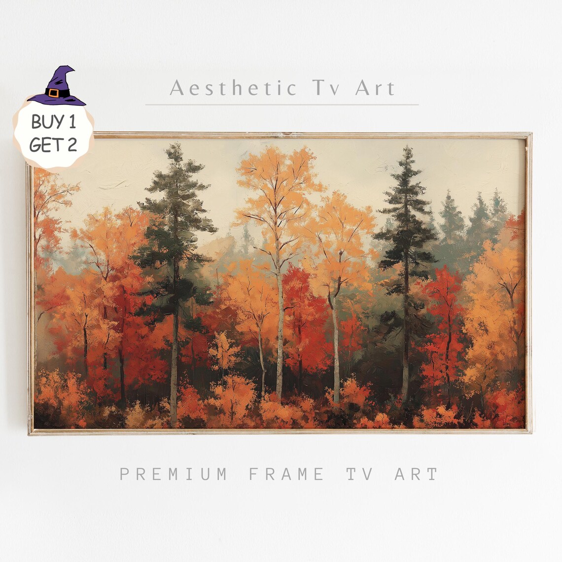 Vibrant Autumn Birch Pine Forest Fall Colors Oil Painting TV Art
