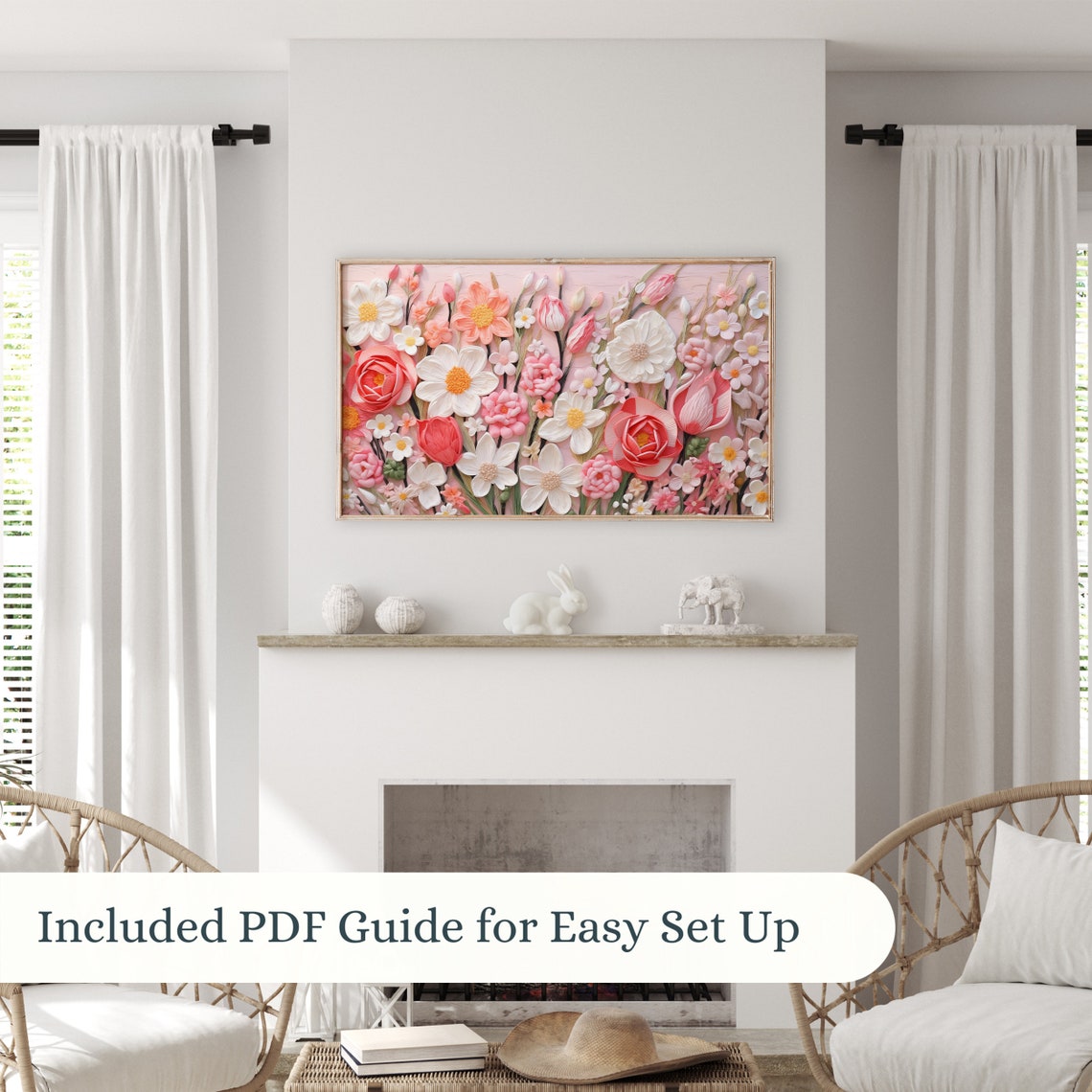 Textured Pink White Blossoms 3D Embroidery Style Flower Art Poster - Image 2