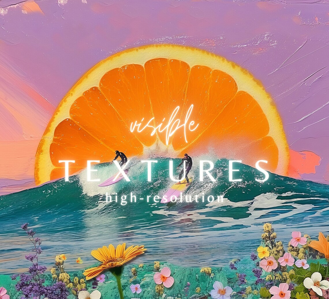 Surreal Surfers Orange Sun Wave Wildflowers Purple Sky Art Poster - Image 2