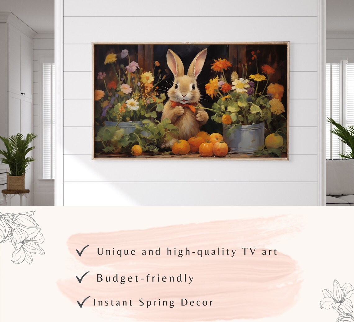 Cute Bunny Red Bow Fall Flowers Pumpkins Autumn Painting Wall Art - Image 3