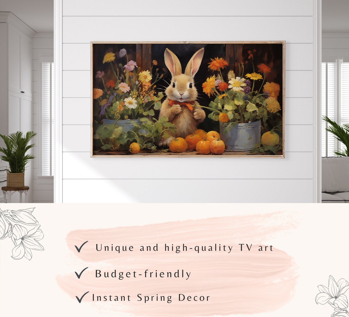 Easter Frame Tv Art Cute Easter Rabbit Oil Painting Spring Wildflowers Frame Tv Easter Farmhouse Decor - Image 3