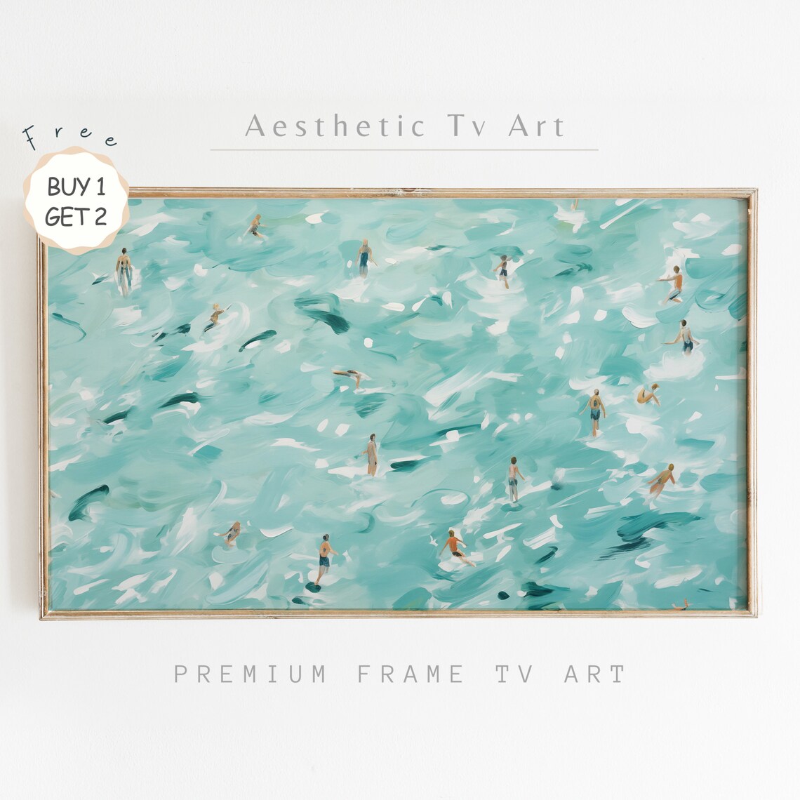 Aerial Swimmers Turquoise Sea Playful Summer Ocean Painting Poster