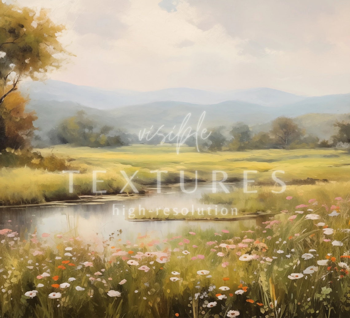 Vintage Wildflower Pond Landscape Tree Mountains Soft Summer Poster - Image 2