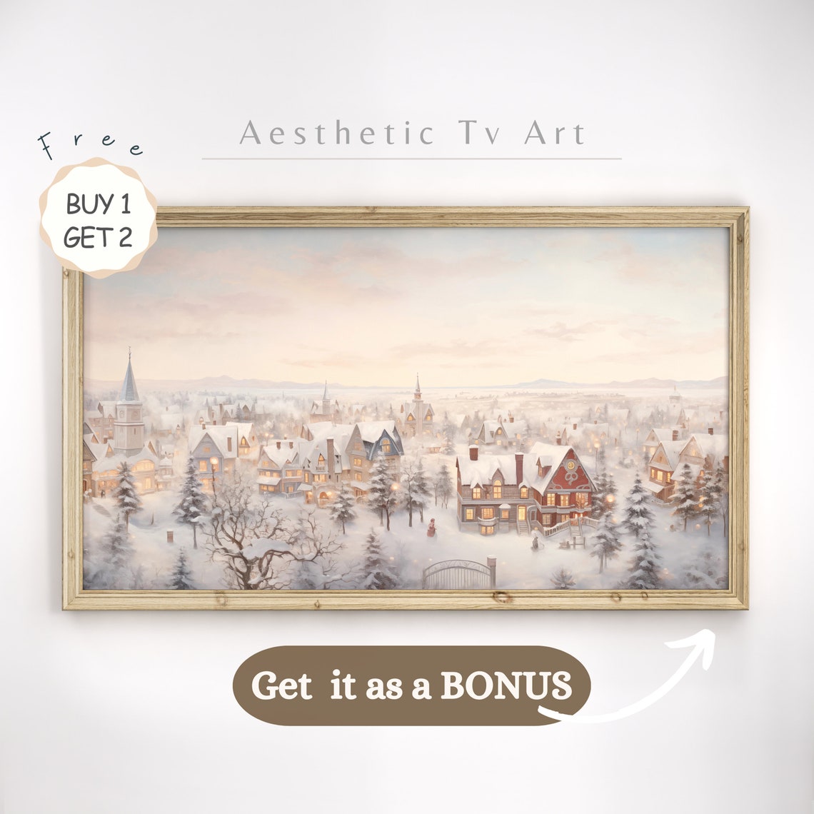 Christmas Town Frame Tv Art Cozy Christmas Art For Frame Tv Art Farmhouse Christmas Aesthetic Neutral Snowy Town Painting - Image 3