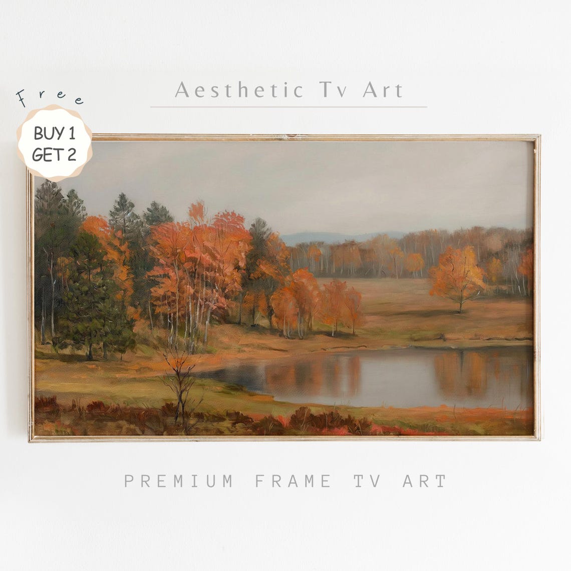 Rustic Autumn Lake Landscape Orange Trees Pond Fall Scenery TV Art