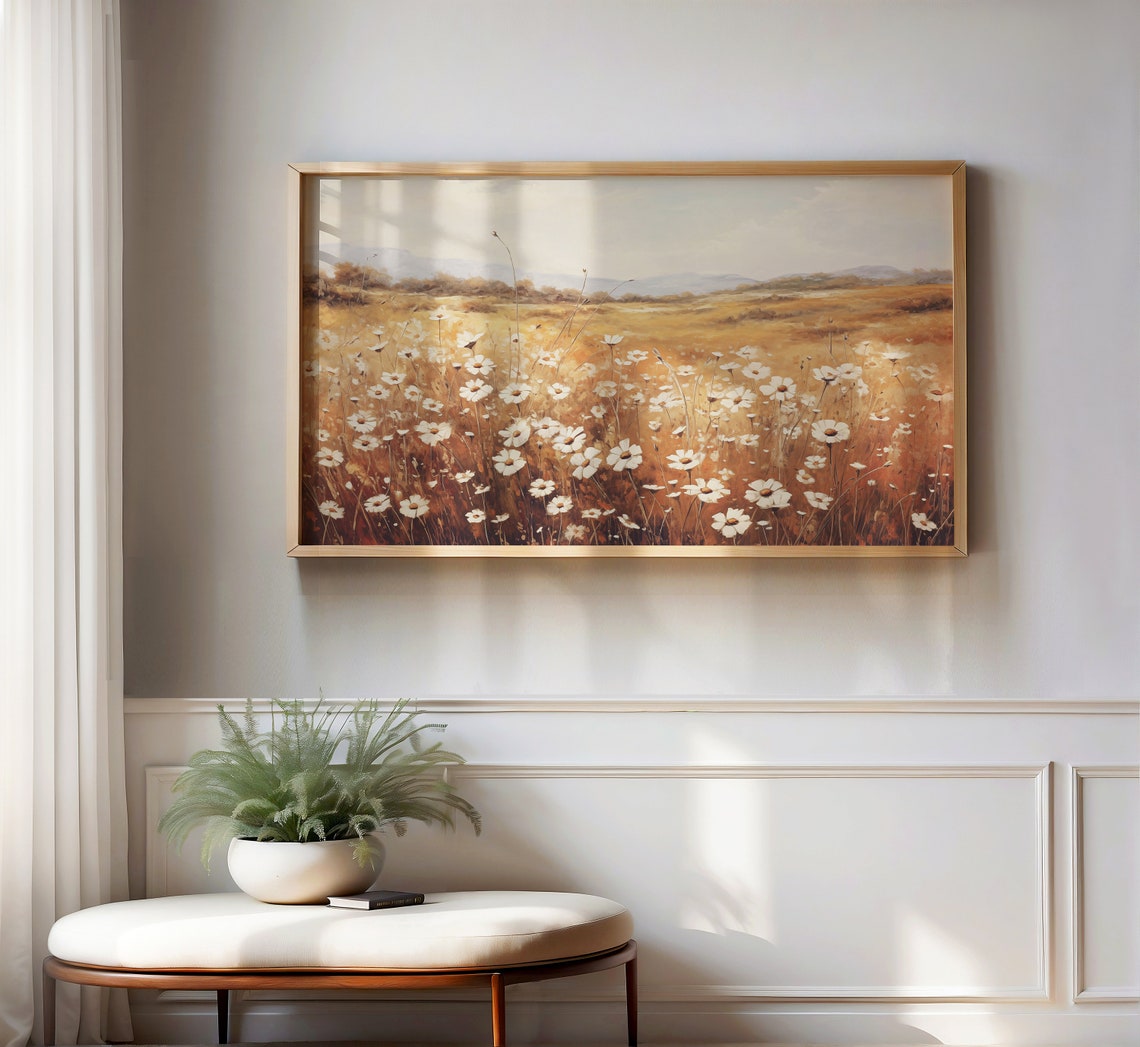 White Daisy Meadow Golden Hour Rolling Hills Landscape Poster - Image 2