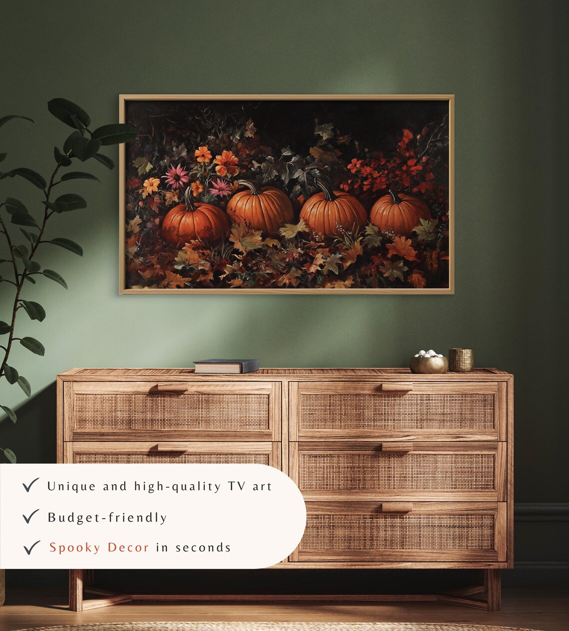 Four Pumpkins with Autumn Flowers Dark Moody Fall TV Art Poster - Image 3