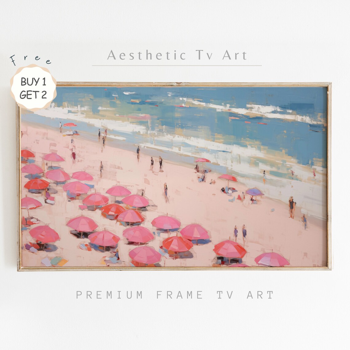Pink Beach Umbrellas Aerial Summer Shoreline Coastal Scene Poster