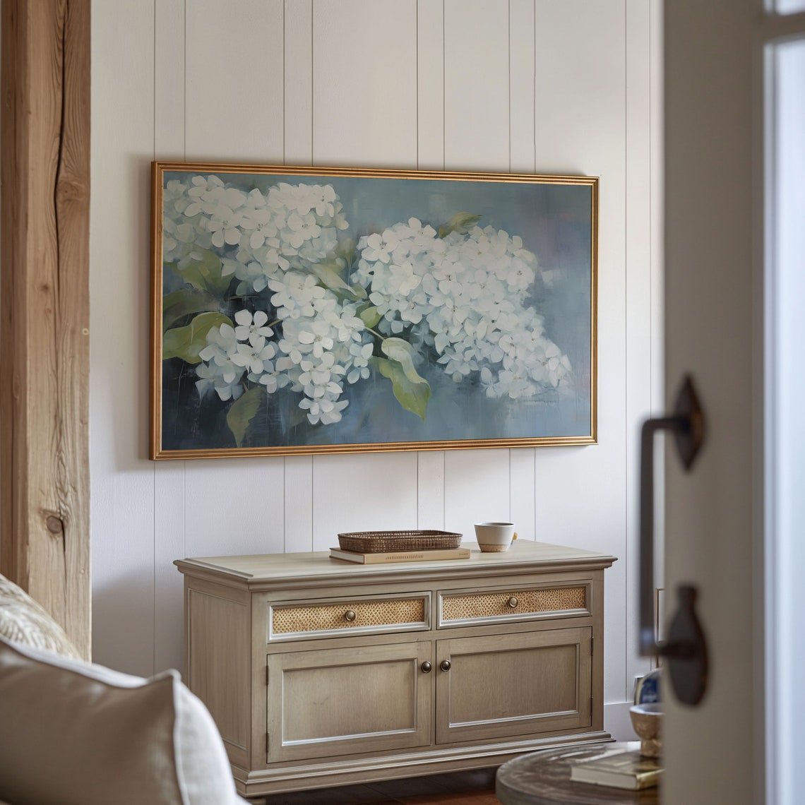 White Hydrangea Blue Background Soft Botanical Oil Painting Poster - Image 3
