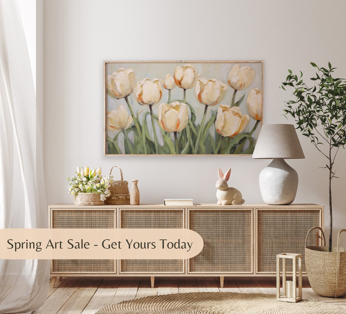 Cream Tulips Neutral Impasto Textured Spring Flower Painting Poster - Image 2