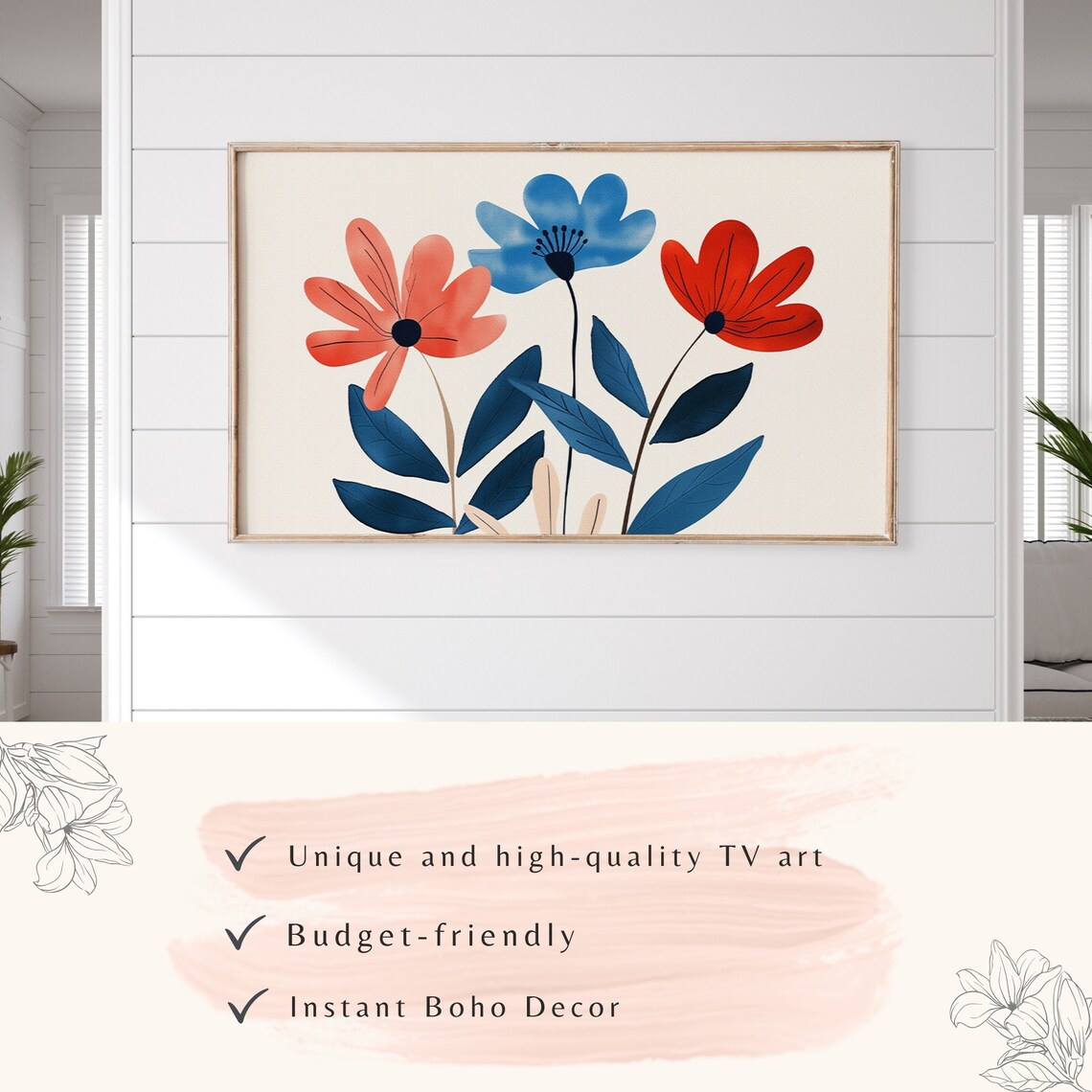 Minimalist Coral Blue Flowers Mid Century Modern Botanical Poster - Image 3