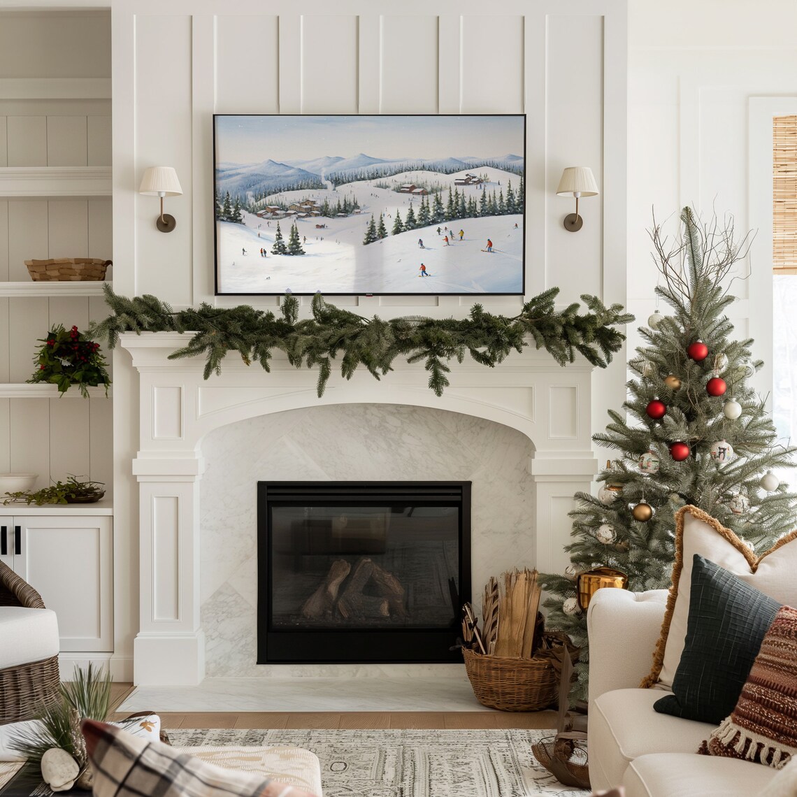 Snowy Ski Village Winter Painting Skiers Pine Trees Mountain Wall Art - Image 3
