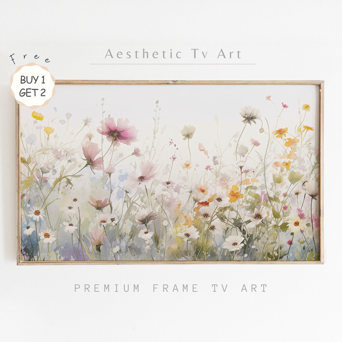 Airy Wildflower Meadow Watercolor Pink Cosmos White Daisies Wall Art