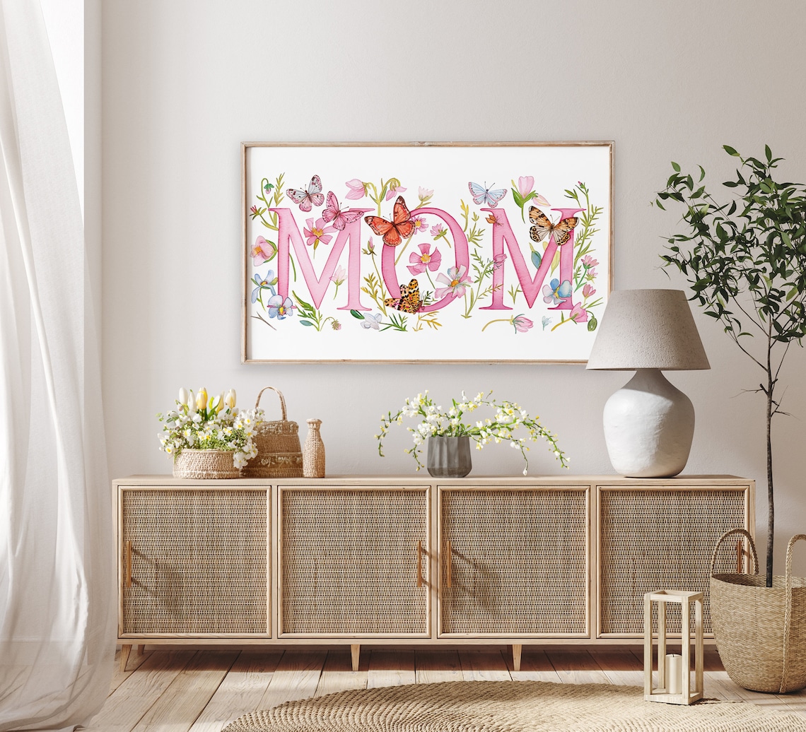Pink MOM Watercolor Floral Butterflies Mothers Day Gift Art Poster - Image 3