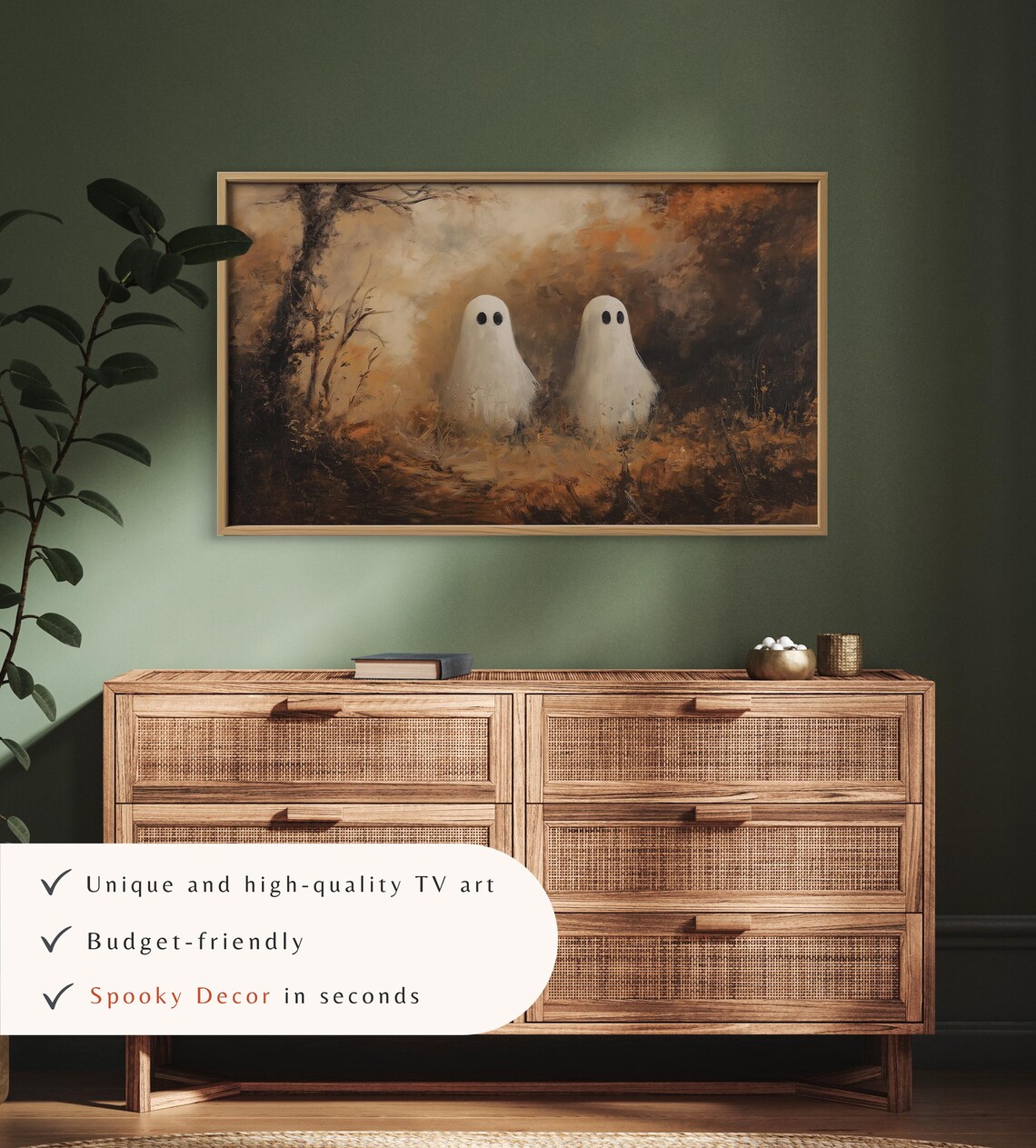 Two Ghosts in Golden Misty Autumn Woods Vintage Halloween TV Art - Image 3