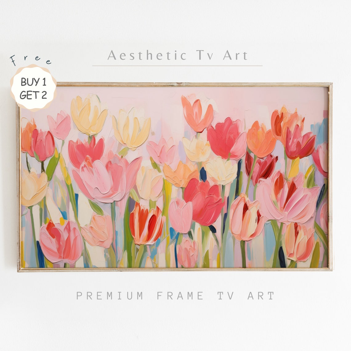 Pink Red Impasto Tulips Spring Flower Textured Oil Painting Poster
