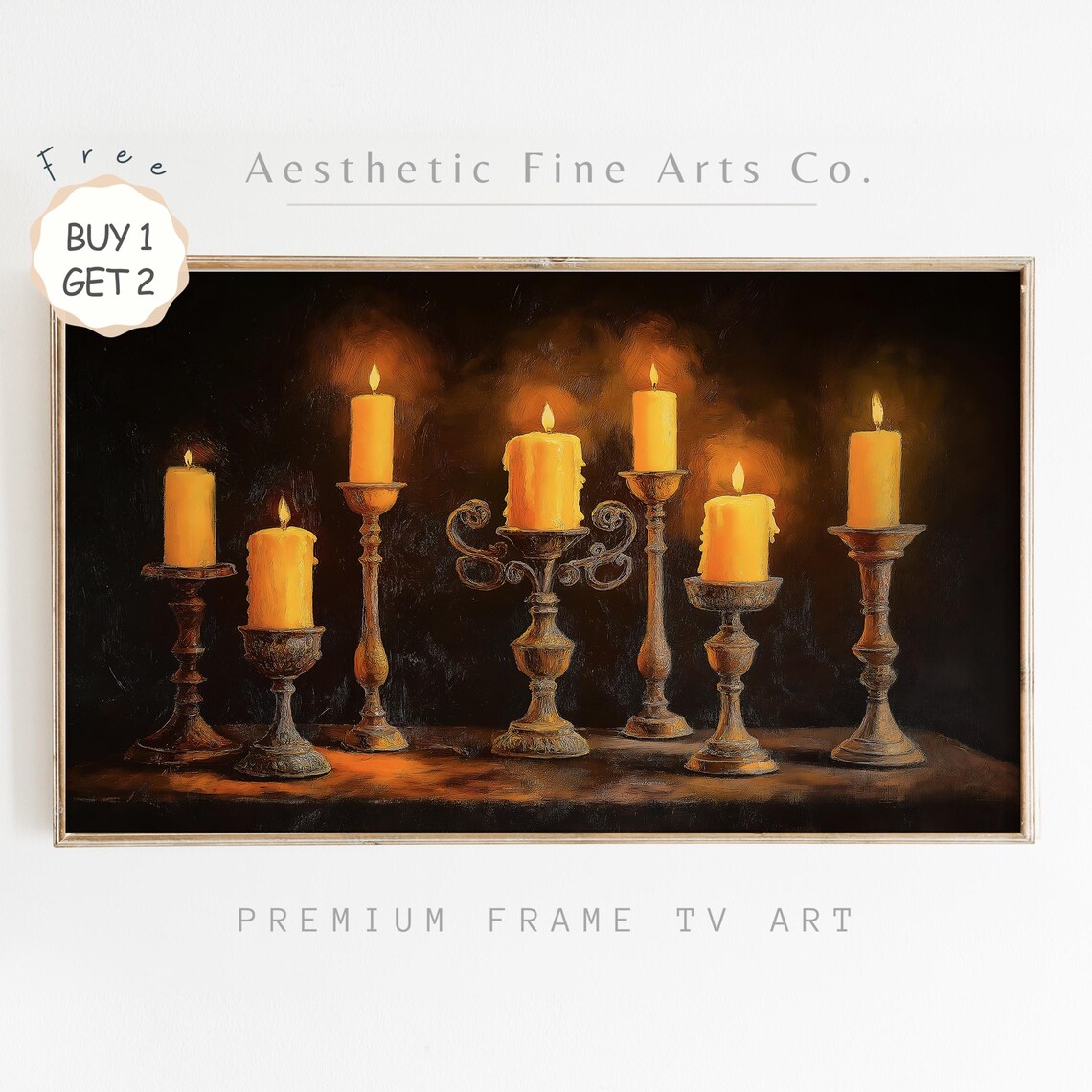 Glowing Candles In Ornate Holders On Dark Moody Background Art Poster