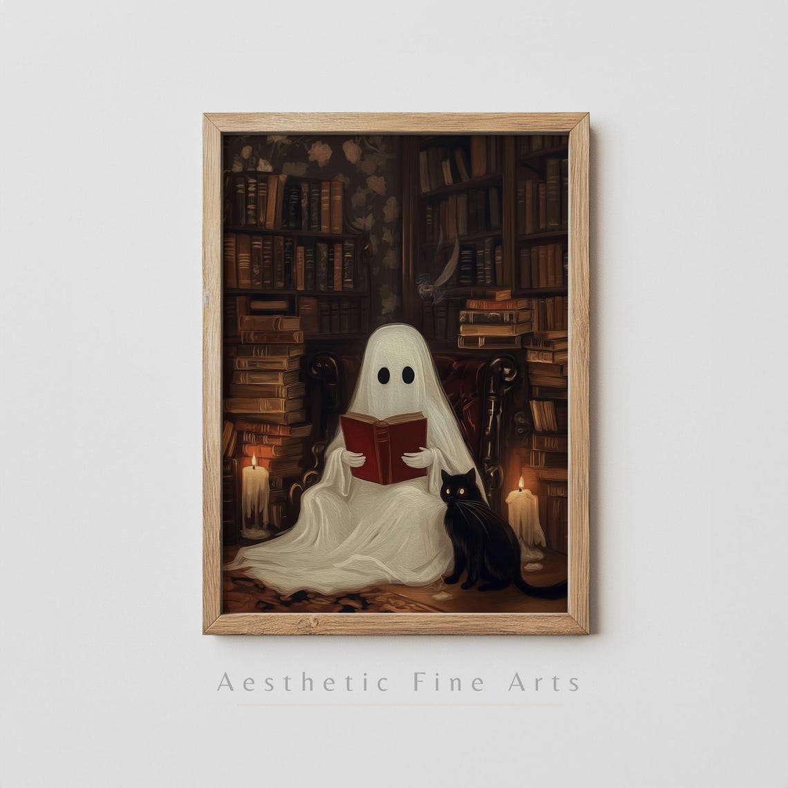 Cute Ghost Reading Book In Library With Black Cat Halloween Art Poster