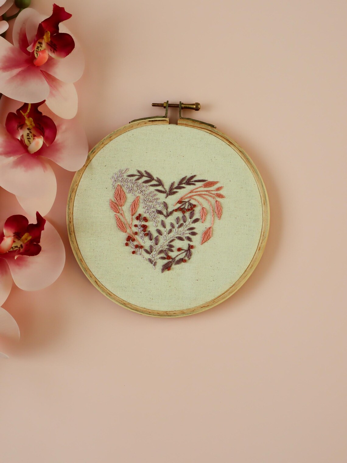 Heart Floral Embroidery Kit Pink Purple Botanical Hoop DIY Craft Kit - Image 3