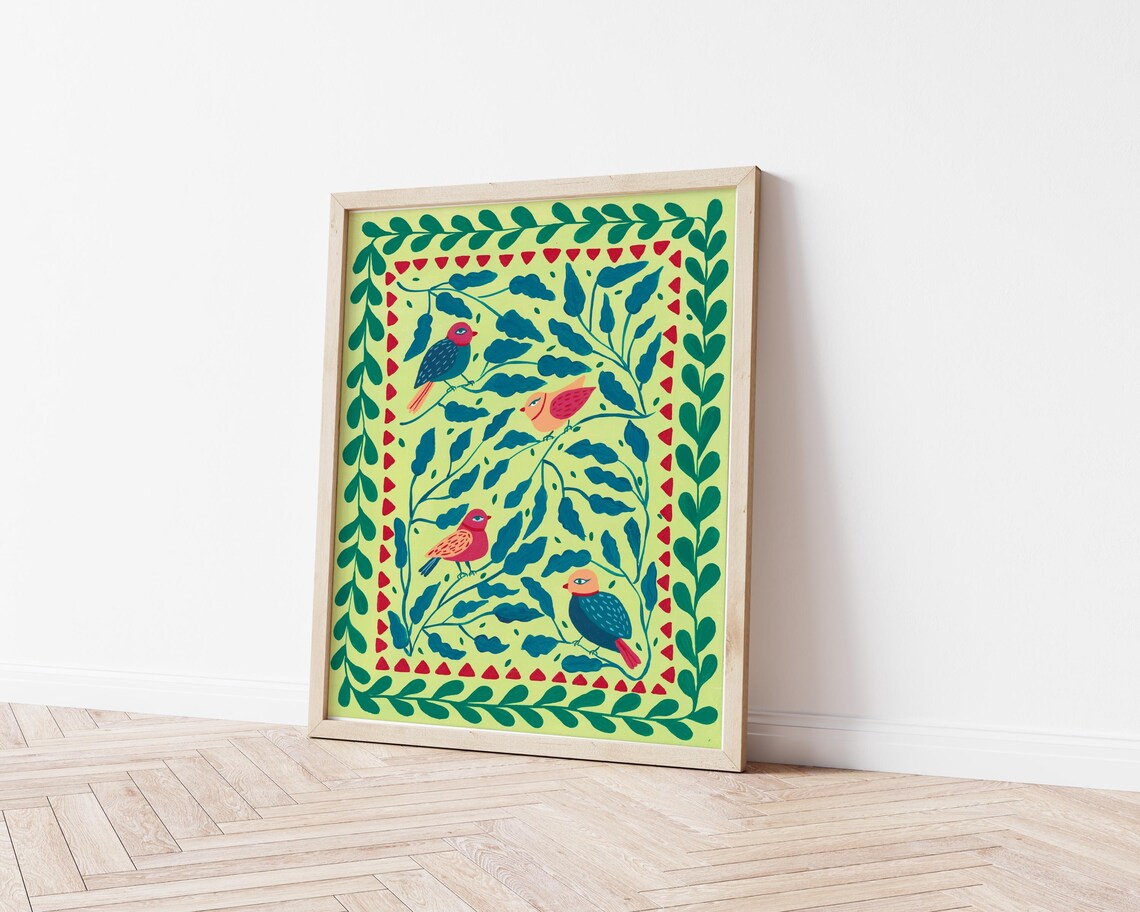 Folk Art Birds, Green Nursery Wall Art Print Decor - Image 2