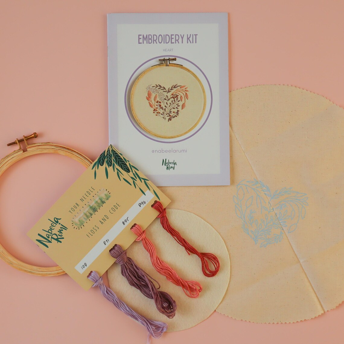Heart Floral Embroidery Kit Pink Purple Botanical Hoop DIY Craft Kit - Image 2