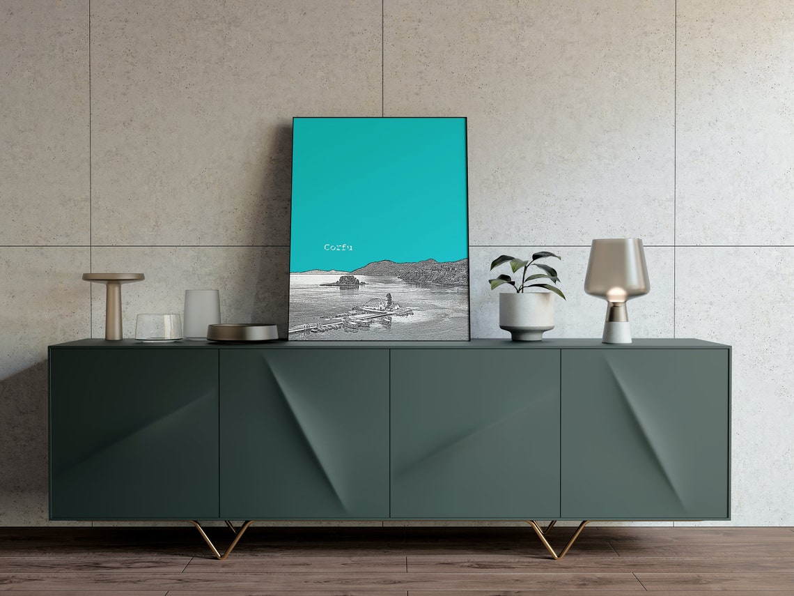 Corfu Greece Teal Skyline City Print Minimal Modern Wall Decor - Image 2