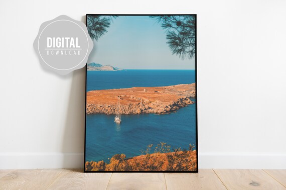 Beach Print Lindos Instant Livingroom Decor Modern Travel Art Poster I Rhodes Island Greece Europe
