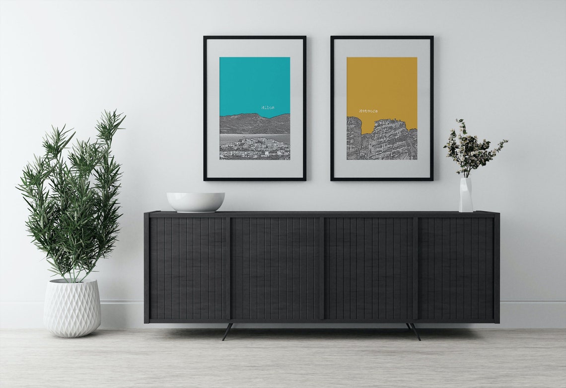 Milos Teal Pop Art Greek Island Village Harbor Sketch Print Decor - Image 2