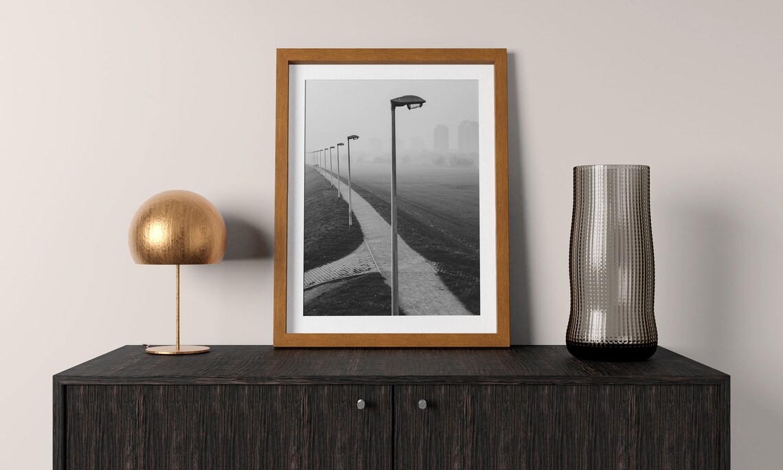 Foggy Black And White Street Lamp Path Moody Urban Photo Print Decor - Image 3
