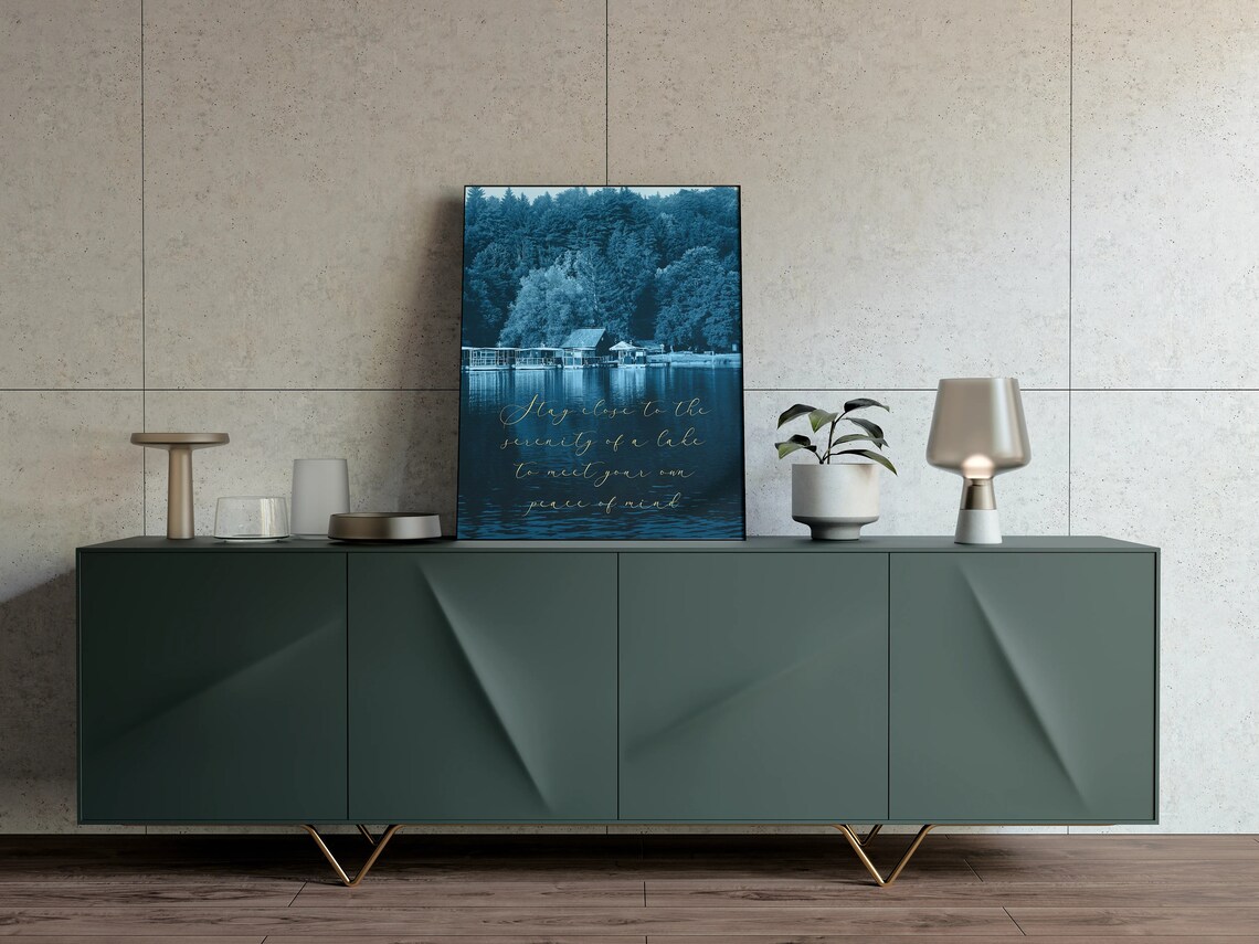 Serenity of a Lake Quote Blue Forest Water Photography Poster - Image 2