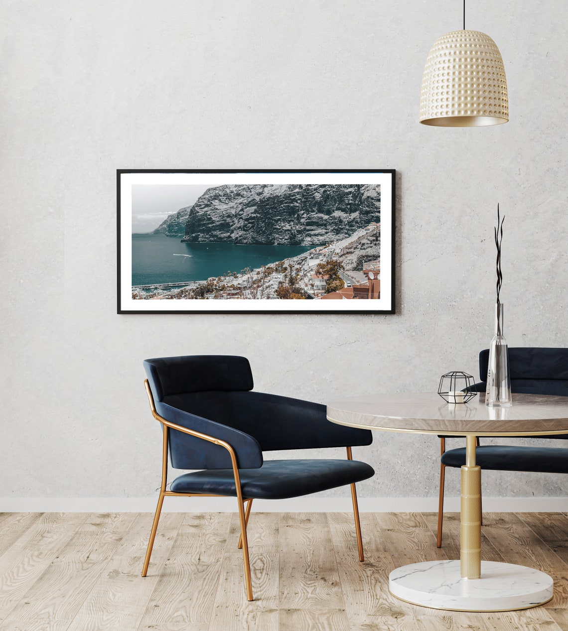 Dramatic Coastal Cliffs Over Turquoise Bay Town Seascape Photo Print