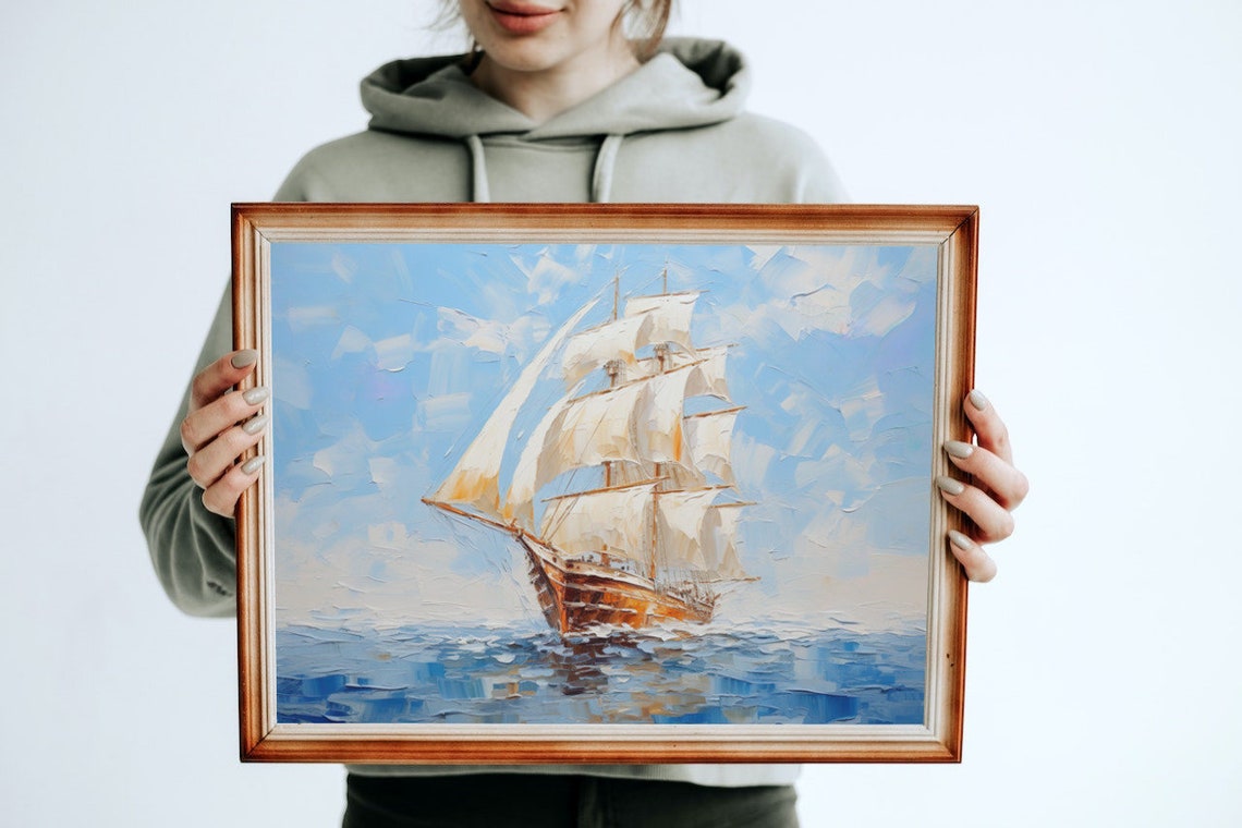 Majestic Tall Ship Sailing Ocean Waves Classic Oil Painting Poster