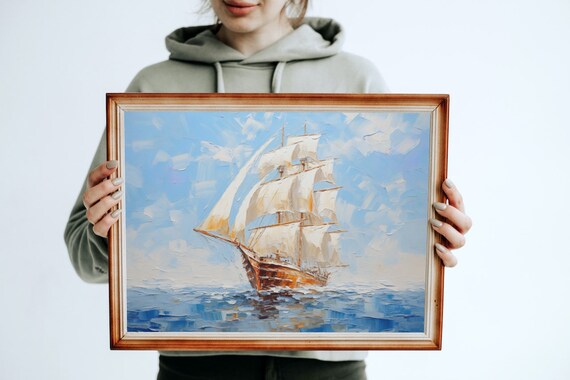 Majestic Tall Ship Sailing Ocean Waves Classic Oil Painting Poster