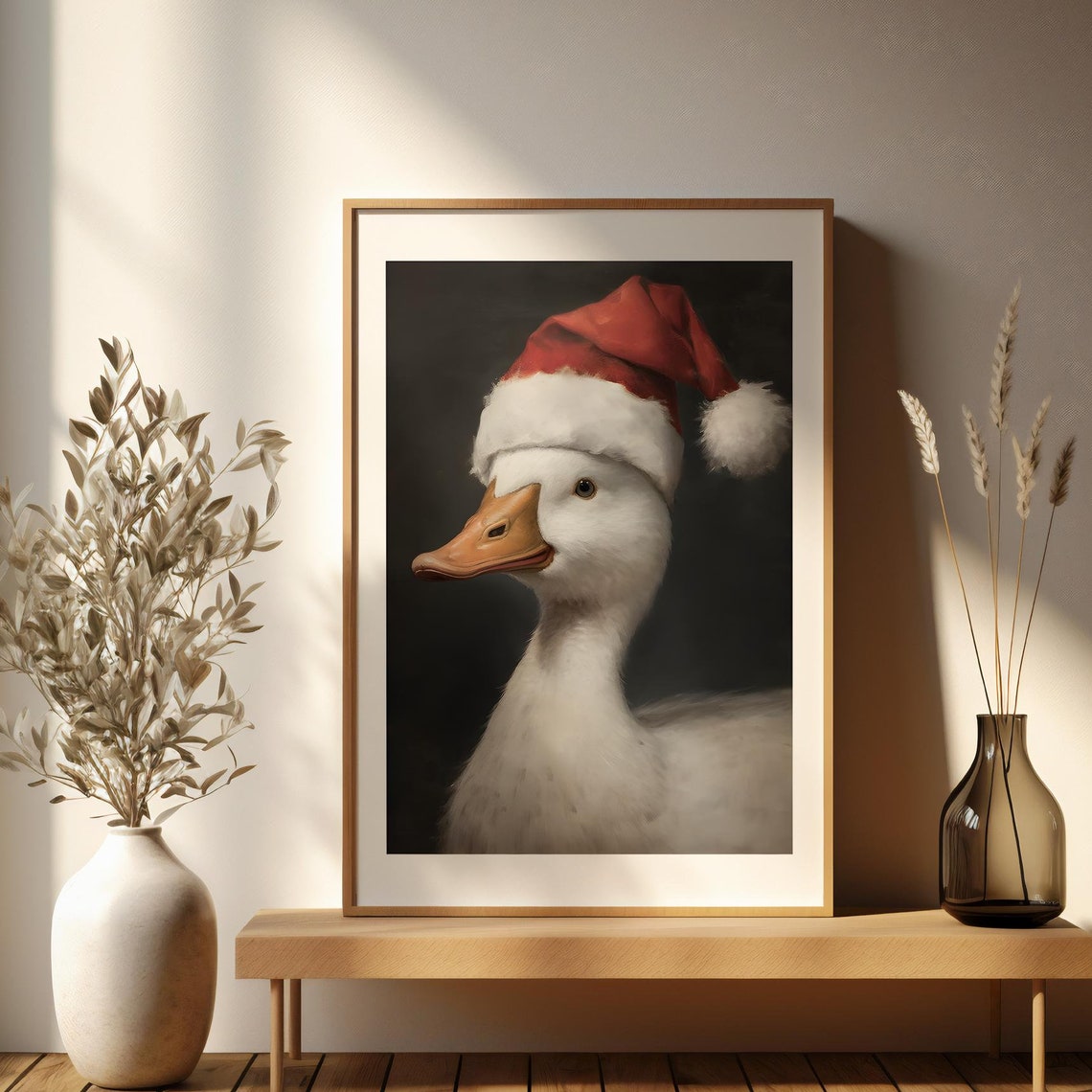 White Duck Wearing Santa Hat Festive Christmas Portrait Poster - Image 4