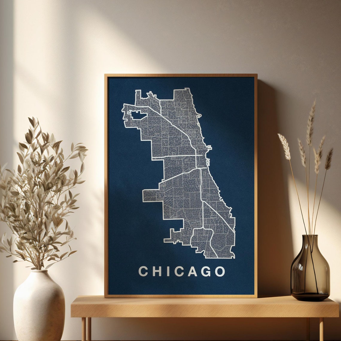 Chicago City Map White Street Lines on Navy Blue Travel Poster