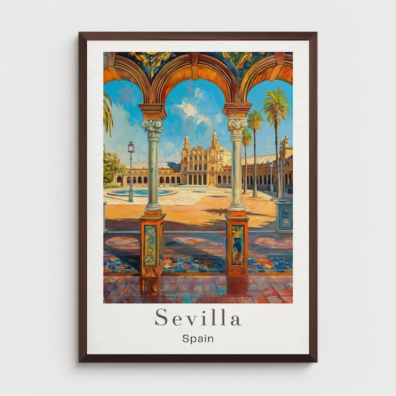 Sevilla Spain Travel Poster Plaza De Espana Arches Tile Courtyard