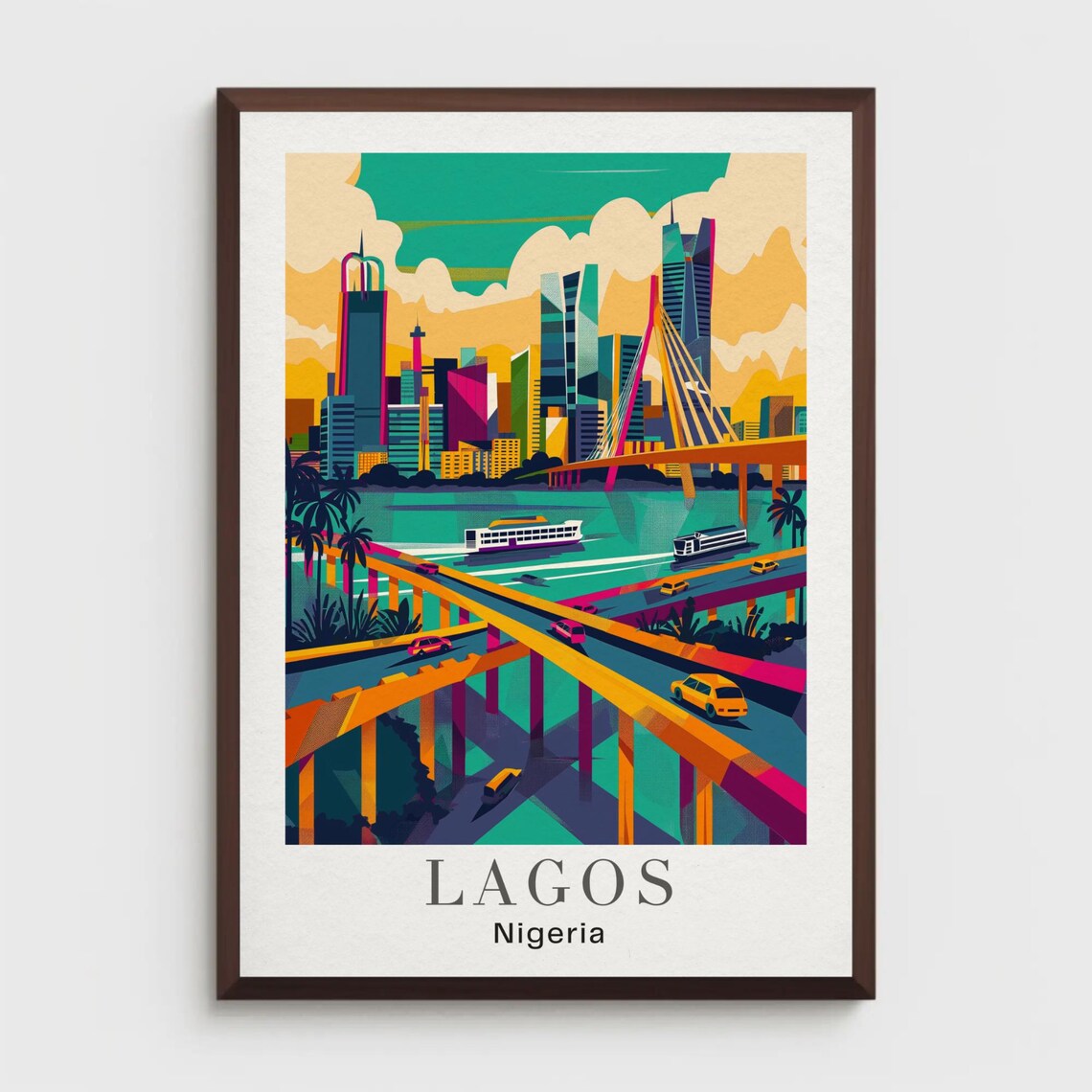 Lagos Nigeria Travel Poster, Retro Lekki Bridge