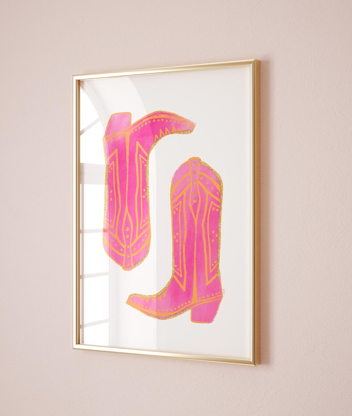 Hot Pink Cowgirl Boots Gold Watercolor Trendy Western Poster
