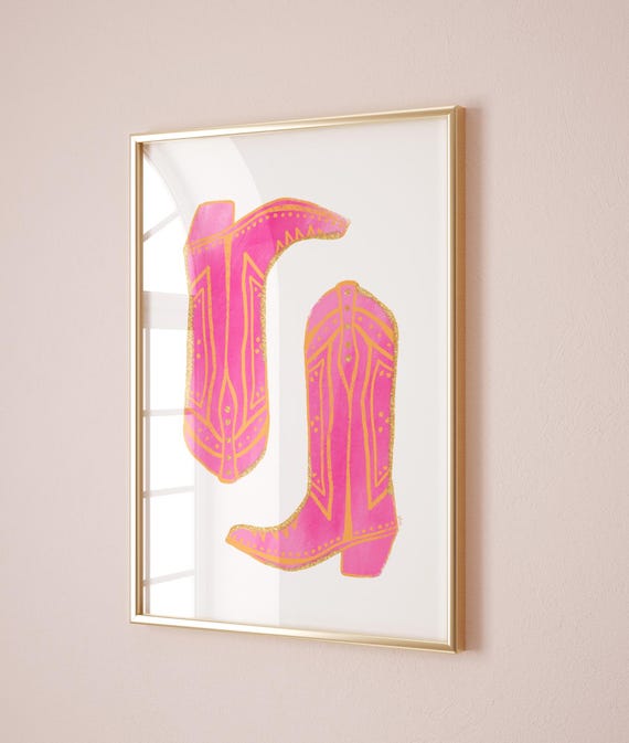 Cowgirl Boots Print Pink And Orange Wall Art Prints Aesthetic Dorm Decor Girly Wall Print Poster Art Print Girly Room