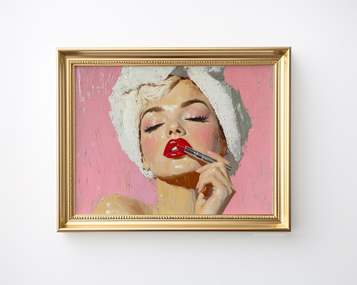Glamorous Red Lipstick Beauty Vintage Pink Oil Painting Woman Poster