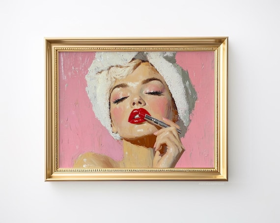 Glamorous Red Lipstick Beauty Vintage Pink Oil Painting Woman Poster