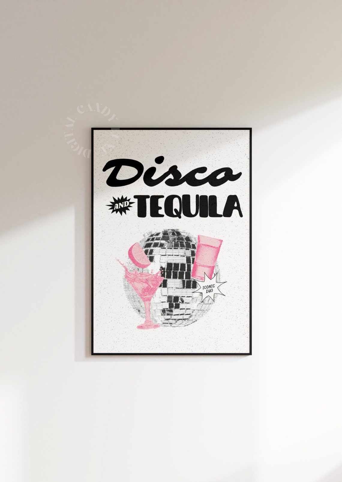 Disco and Tequila Retro Typography with Disco Ball and Cocktail Poster
